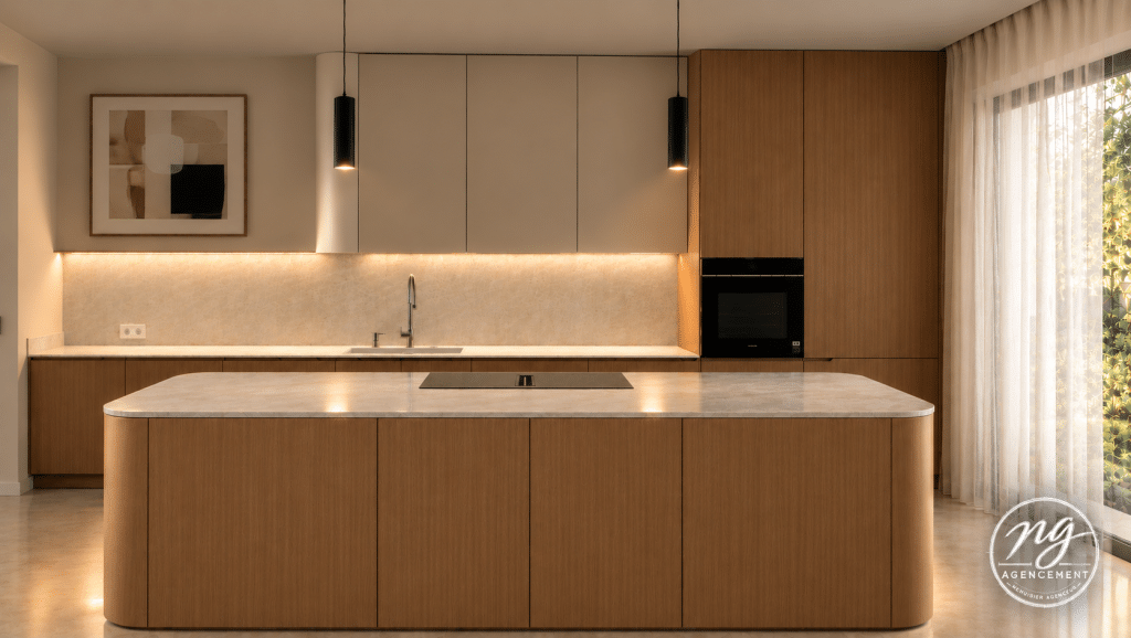 cuisine sur mesure en placage chene fil vertical + joue ilot arrondies et meuble hauts laqués