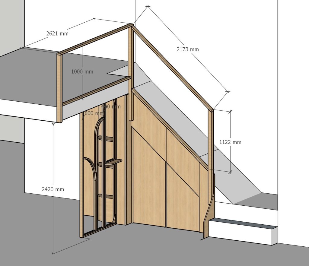 Axonométrie générale du meuble sous escalier sur mesure