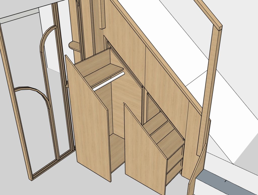 Axonométrie des rangements du meuble sous escalier