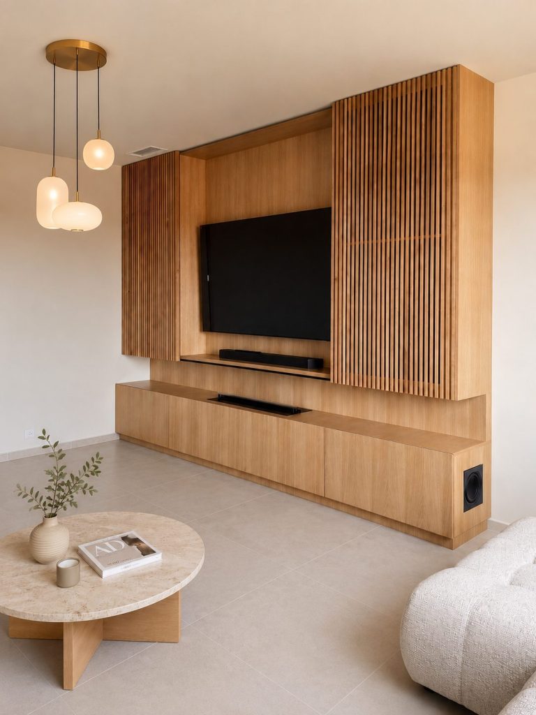 Meuble TV sur mesure en bois avec tasseaux et portes coulissantes, équipements intégrés