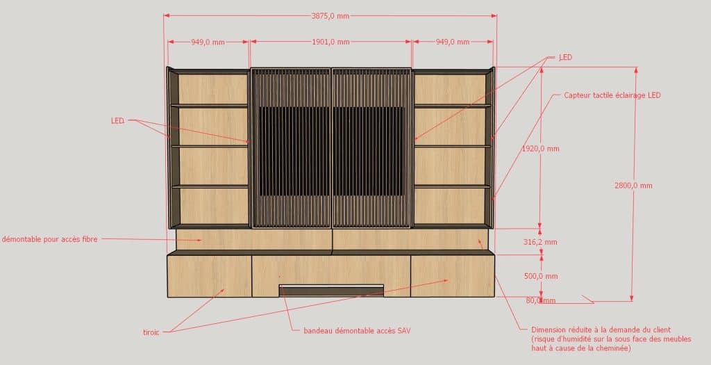 Axonométrie du meuble TV sur mesure