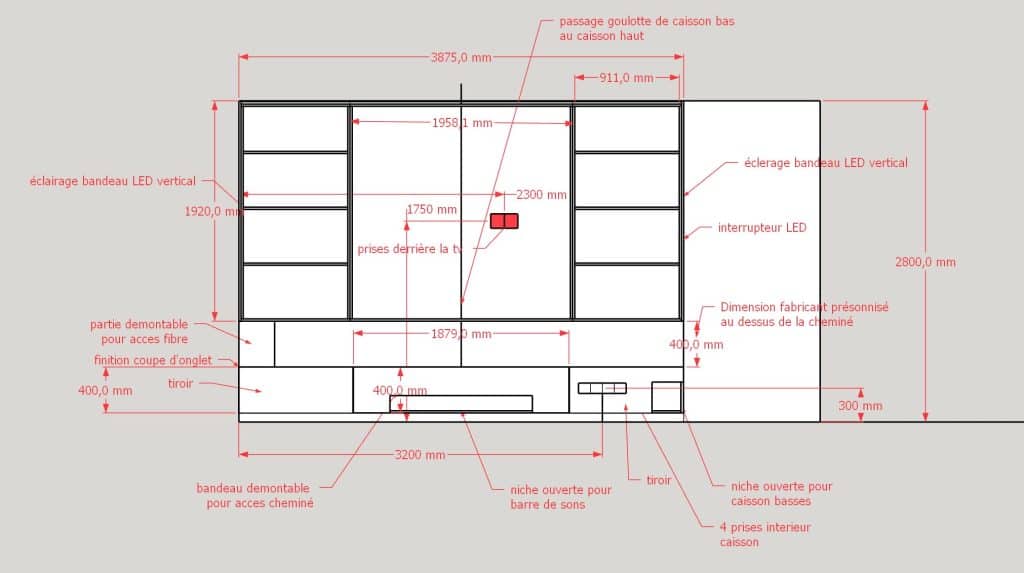 Coupe technique du meuble TV sur mesure
