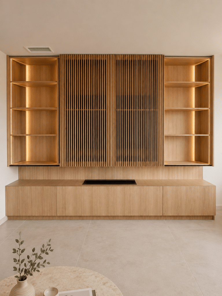 Meuble TV sur mesure en chêne, portes claustra fermées