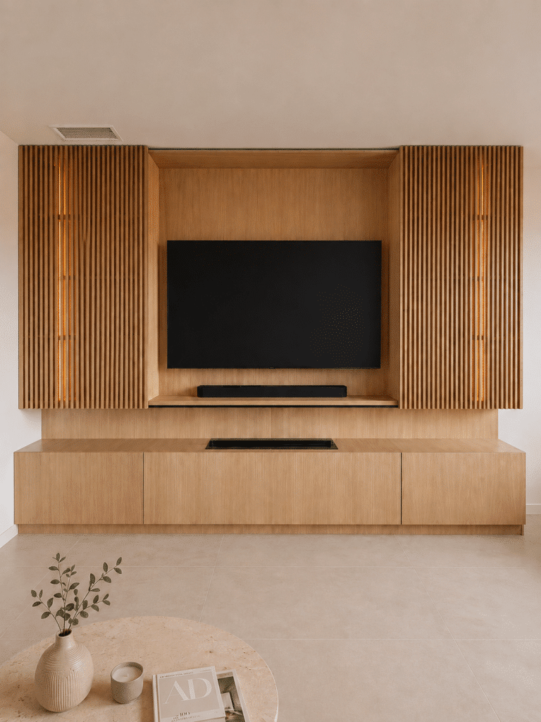 Meuble TV sur mesure ouvert, télévision et barre de son